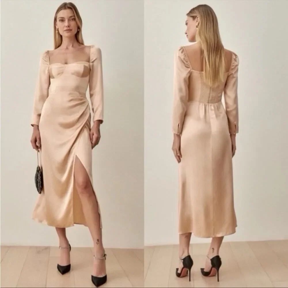 Reformation Gloriana Silk Midi Dress Almond Long Sleeve Slit Size 2